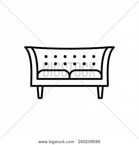 Black & White Vector Illustration Of Tuxedo Sofa. Modern Chesterfield. Line Icon Of Settee. Home & O