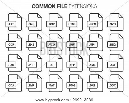 Flat Style Icon Set. System, Common File Type, Extencion A.