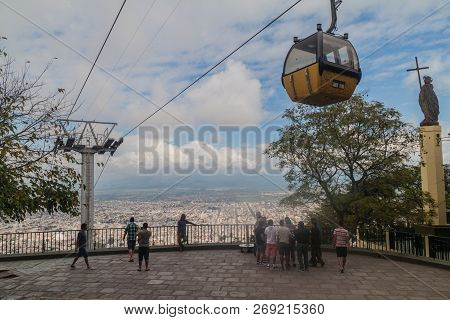 Salta, Argentina - April 9, 2015: Peak Of Cerro San Bernardo Mountain With A Cable Car In Salta.