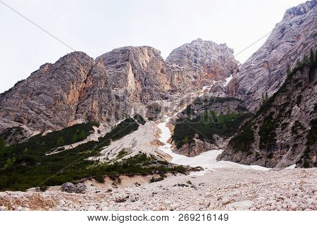 Mudflow With Snow High In The Alpine Mountains