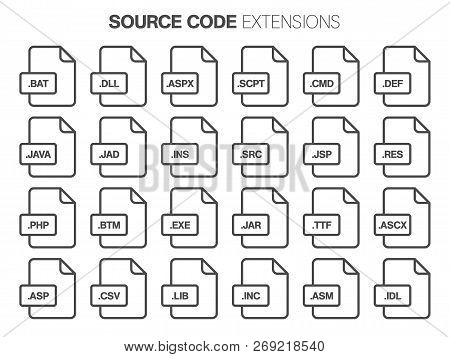 Flat Style Icon Set. Source Code, Programming File Type, Extencion. Document Format.