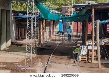 Humahuaca, Argentina - April 12, 2015: Market Surrounding Abandoned Railway Tracks In Humahuaca Vill