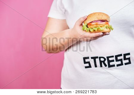 Stress, Eating Problems, Bulimia, Compulsive Overeating, Weight Gain. Overweight Woman With Fresh Ap