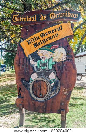Villa General Belgrano, Argentina - Apr 3, 2015: Sign Of Bus Terminal In Villa General Belgrano, Arg