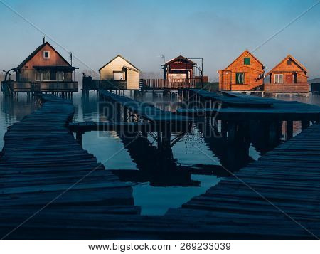 Fishing cabins on the lake. Bokod, Hungary