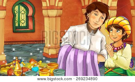 Cartoon Scene With Medieval Arabic Room With Treasures And Prince Or King - Far East Ornaments - The