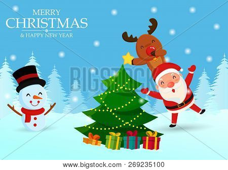 Santa And Reindeer Help Decorate The Christmas Tree.