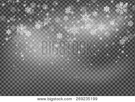 Snow And Snowflakes Fall During The Christmas Season. On A Transparent Background