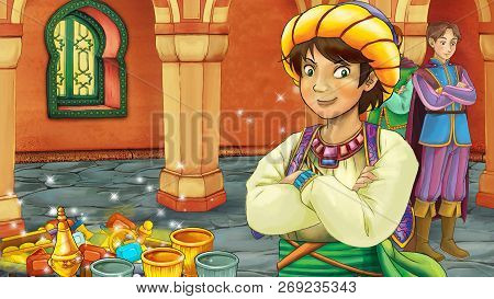 Cartoon Scene With Medieval Arabic Room With Treasures And Prince Or King - Far East Ornaments - The