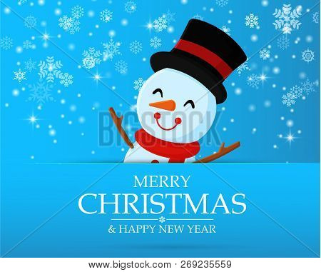 Snowman Cartoon Characters Celebrate In Christmas Eve.