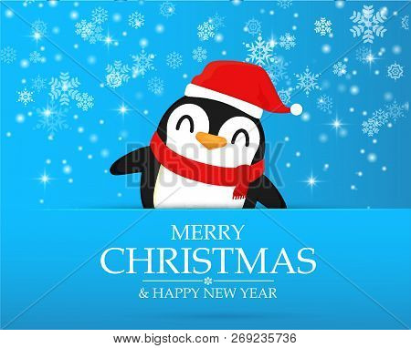 Penguin Cartoon Characters Celebrate In Christmas Eve.