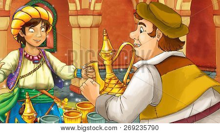 Cartoon Scene With Medieval Arabic Room With Treasures And Prince Or King - Far East Ornaments - The