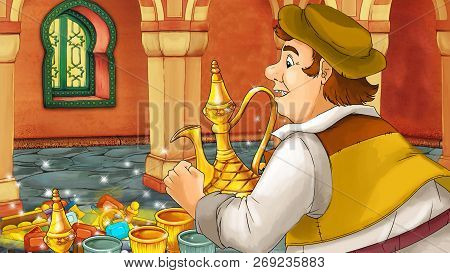 Cartoon Scene With Medieval Arabic Room With Treasures And Prince Or King - Far East Ornaments - The