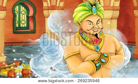 Cartoon Scene With Medieval Arabic Room With Treasures And Prince Or King - Far East Ornaments - The