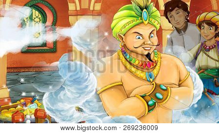 Cartoon Scene With Medieval Arabic Room With Treasures And Prince Or King - Far East Ornaments - The