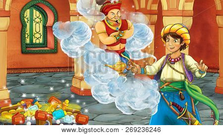 Cartoon Scene With Medieval Arabic Room With Treasures And Prince Or King - Far East Ornaments - The