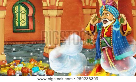 Cartoon Scene With Medieval Arabic Room With Treasures And Prince Or King - Far East Ornaments - The