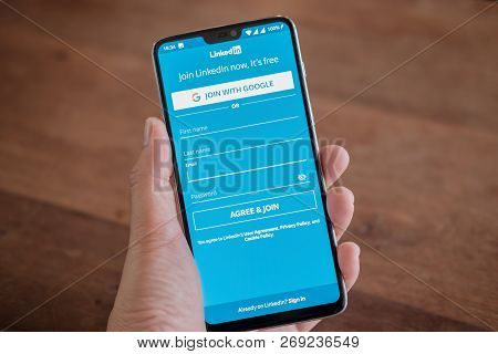 Chiang Mai, Thailand - Nov 17, 2018: Oneplus6 Digital Mobile Phone With Linkedin Application On The 