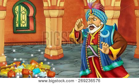 Cartoon Scene With Medieval Arabic Room With Treasures And Prince Or King - Far East Ornaments - The