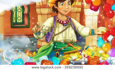 Cartoon Scene With Medieval Arabic Room With Treasures And Prince Or King - Far East Ornaments - The