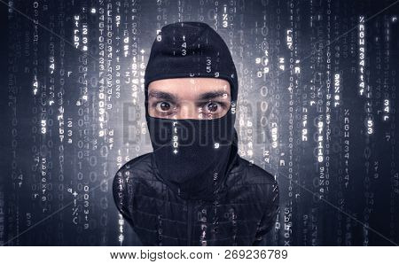 Burglar in action with encoded concept and his tools in his hand. 