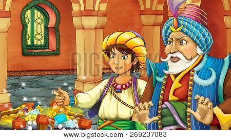 Cartoon Scene With Medieval Arabic Room With Treasures And Prince Or King - Far East Ornaments - The