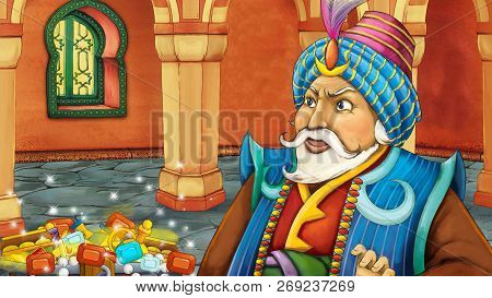 Cartoon Scene With Medieval Arabic Room With Treasures And Prince Or King - Far East Ornaments - The