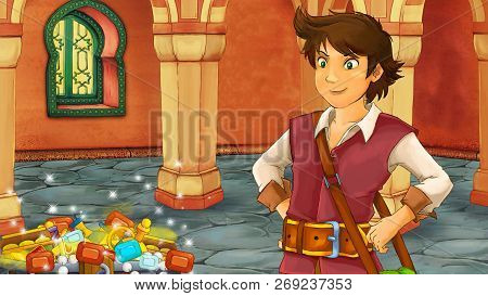 Cartoon Scene With Medieval Arabic Room With Treasures And Prince Or King - Far East Ornaments - The