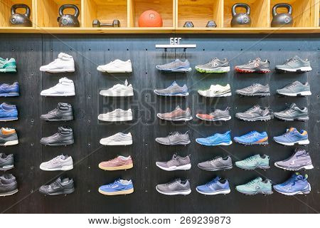 MOSCOW, RUSSIA - CIRCA SEPTEMBER, 2018: interior shot of Reebok shop in Moscow