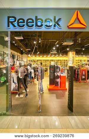 MOSCOW, RUSSIA - CIRCA SEPTEMBER, 2018: Reebok brand name over entrance to a shop in Moscow