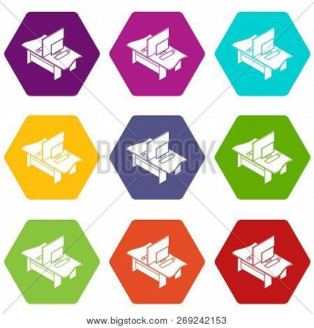 Double Office Table Icons 9 Set Coloful Isolated On White For Web