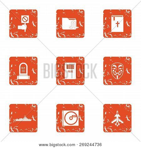 Military Event Icons Set. Grunge Set Of 9 Military Event Icons For Web Isolated On White Background