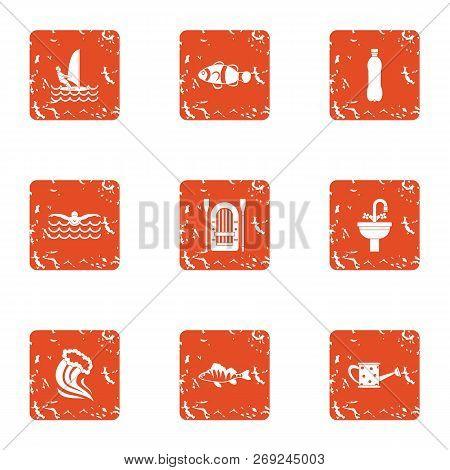 Float Icons Set. Grunge Set Of 9 Float Icons For Web Isolated On White Background