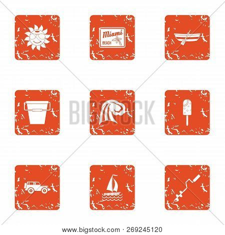 Beach Float Icons Set. Grunge Set Of 9 Beach Float Icons For Web Isolated On White Background