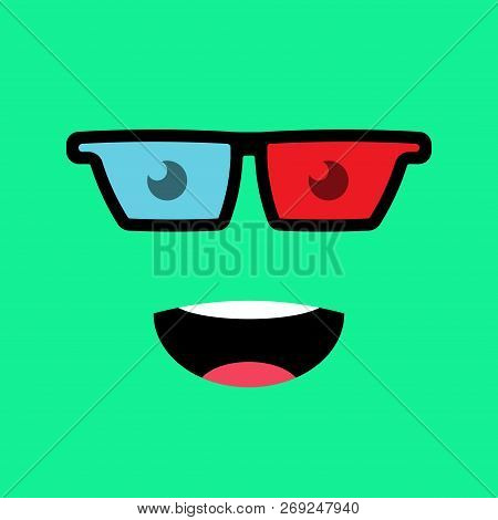 Funny Emotion Emoji Face In 3d Glasses. Smile Face On Green Background. Simple Emoticons Pictograms.
