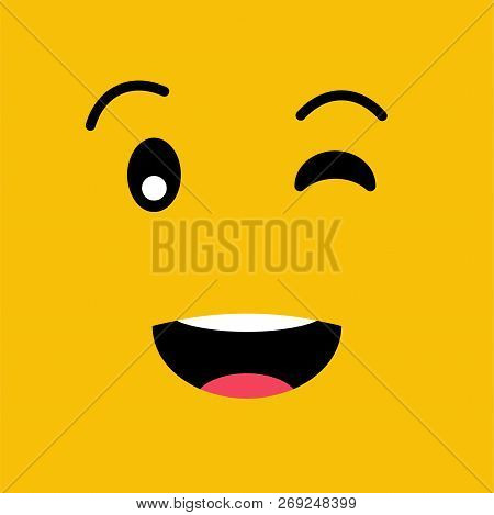 Winking Funny Emotion Emoji Face. Smile Face On Yellow Background. Simple Emoticons Pictograms. Vect