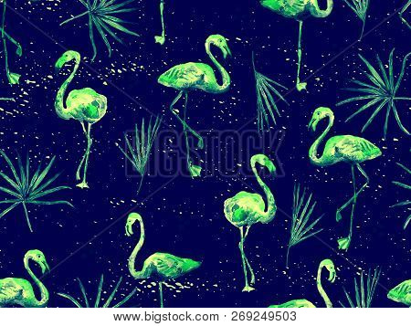 Large Hipster Flamingo Blue Hawaiian Seamless Pattern. Spring Saturated Watercolor T-shirt Print. Mi