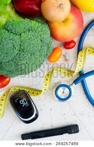 Raw Vegetables With Blood Glucose Meter, Lancet And Stethoscope, Diabetes Healthy Diet Concept, Top 