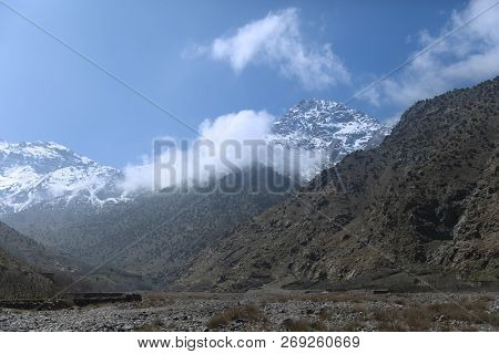 Hiking Route To Toubkal Mountain From Imlil On A Sunny Day With The Blue Sky.
