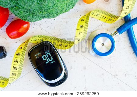 Raw Vegetables With Blood Glucose Meter And Stethoscope, Close Up, Diabetes Healthy Diet Concept
