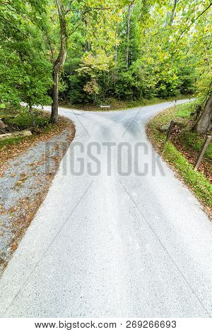 Vertical Shot Of A Fork In The Road That Goes In Two Different Directions.  A Decision Has To Be Mad