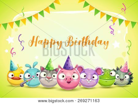 Happy Dirthday Greetings. Cute Childish Decorative Greeting Card With Funny Found Animals.