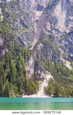 Mudflow With Snow High In The Alpine Mountains Lake, Lago Di Braies