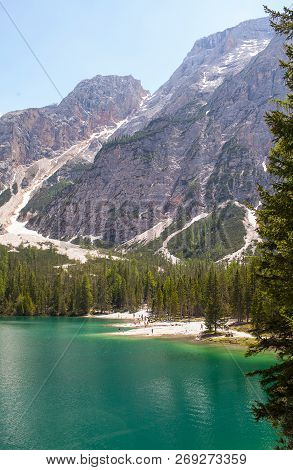 Mudflow With Snow High In The Alpine Mountains Lake, Lago Di Braies