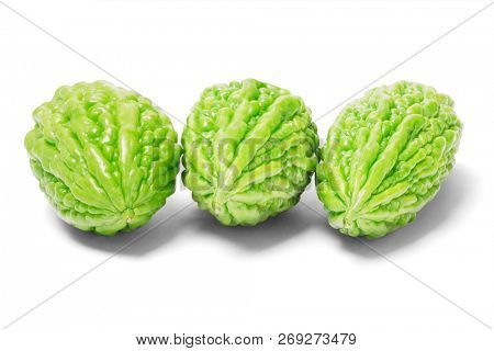 Three Bittergourd Melons on White Background