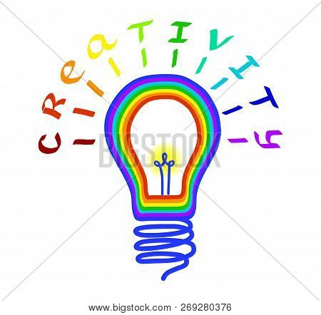 Creativity Concept. Light Bulb Logo With Lettering. Concept Or Creative Thinking And Unique Ideas. V