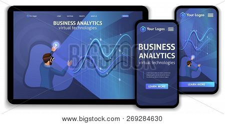 Landing Page Isometric Concept Business Analysis, Virtual Technologies. Website Template Design. Eas