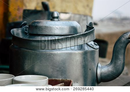 Varanasi India November 10, 2018 View Of A Tea Pot And Glasses Of A Unknown People Selling Chai In A