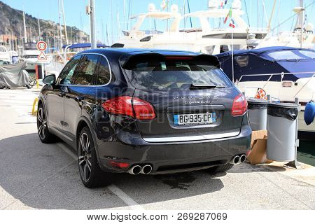 Menton, France - March 31, 2018: Luxury Porsche Cayenne Turbo Suv (rear View) Parked On The Port Of 
