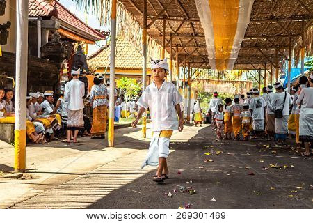 Bali, Indonesia - October 9, 2018: Balinese Boy In Traditional Clothes On Culture Ceremony, Ubud, Gi